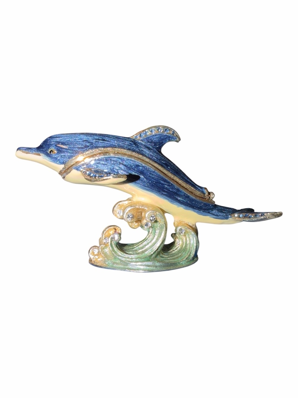 Blue Dolphin Trinket Jewelry Figurine with Green Wave Base and Rhinestones